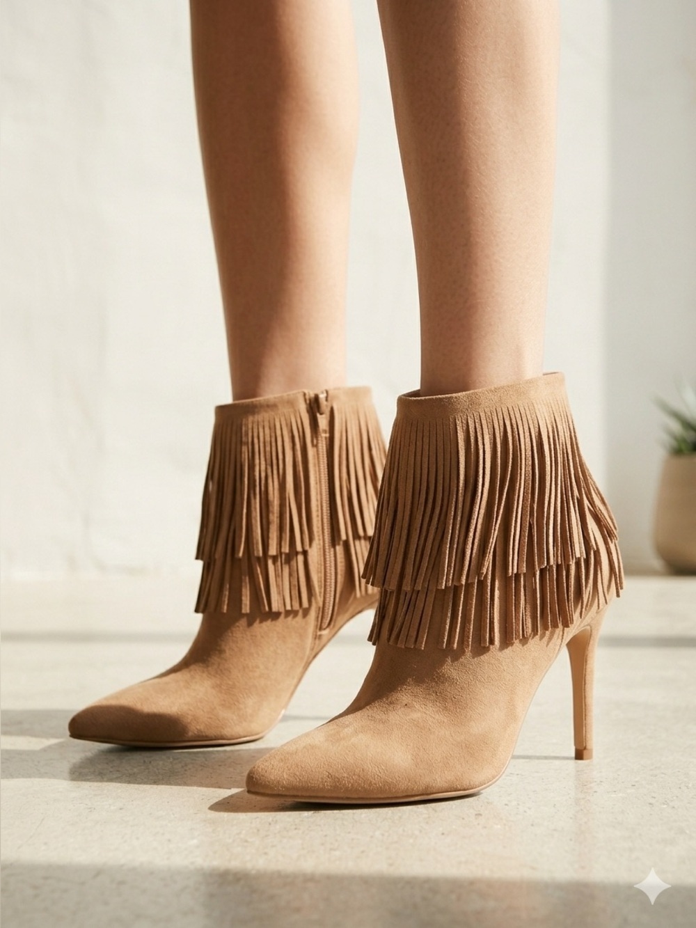 Brian Atwood tan suede fringe Nova high heel ankle boots - size 8.5 NWT